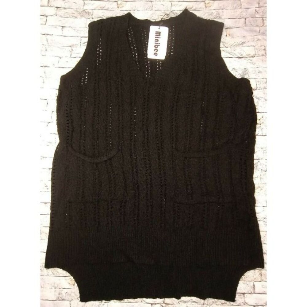Minibee Size Large Women's Deep V-Neck Sleeveless Knitted Hi Low Sweater Vest
